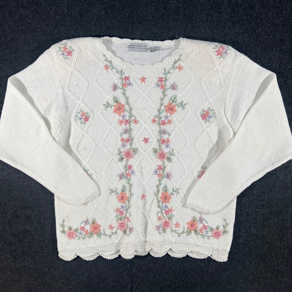 Carolyn Taylor Sweater Womens Medium White Floral Embroidered Knit Vintage 90s